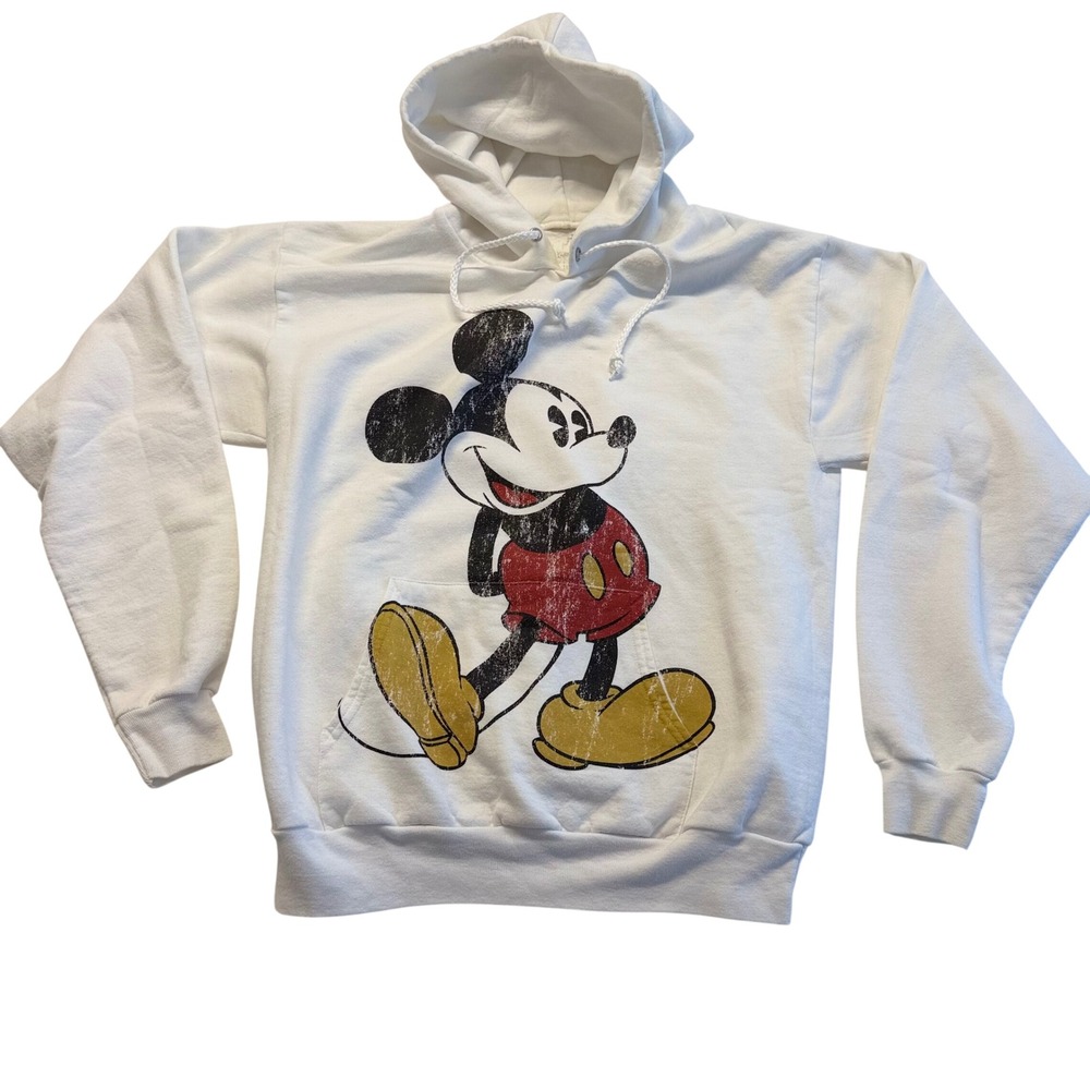 Disney Hanes Mickey Mouse Hoodie Women Size M White Graphic Pullover Sweatshirt
